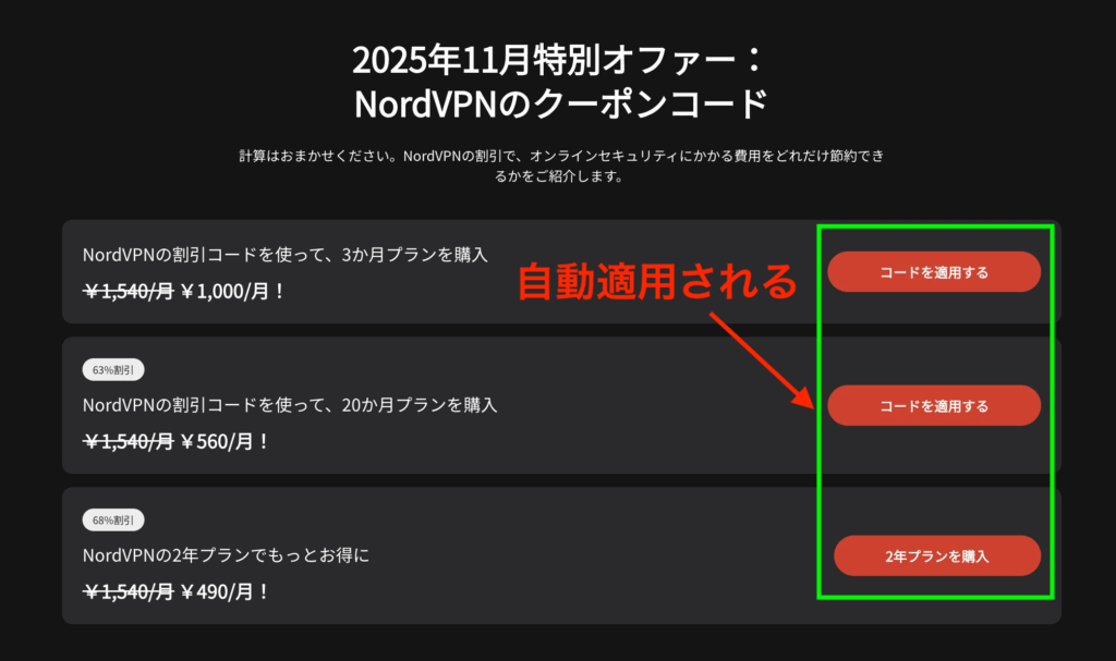 NordVPNのクーポン適用画面