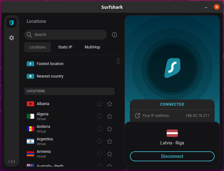 Surfsharkの接続画面
